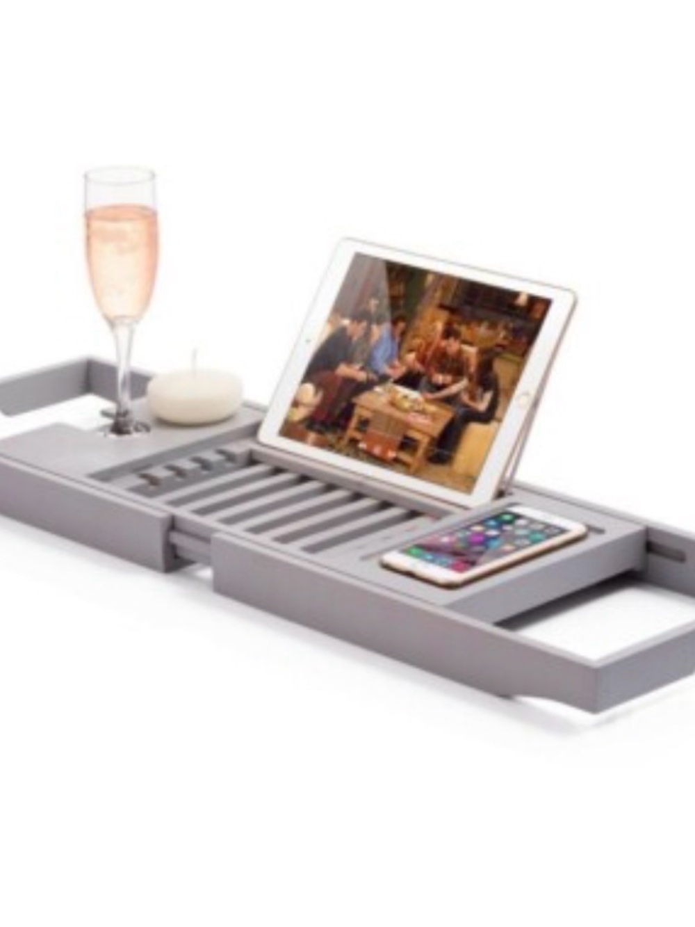Adjustable Grey Bathtub Caddy Tray w/ Tablet & Phone Holder - Bambusi Collection